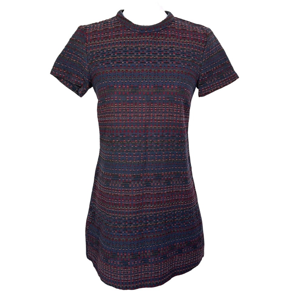 PULL&BEAR Womens Small Navy Burgundy Textured Mock Neck Short Sleeve Shift Dress